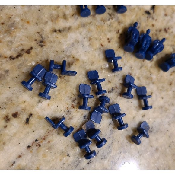 Miniature Tiny Little Blue Men Game Pieces?? Army Figures. Chairs Lot of 25 - Picture 4 of 6